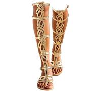 Gikleihwy Sandali Gladiator Piatti Donna, Modello Estivo Gambaletto Punta Aperta, Intreccio Stile Bohemien Retro e Fasciatura da Pescatore, Ideali per Vacanze, Spiaggia e Passeggiate(Gold,44CN)