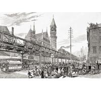 Gilbert Elevated Railroad New York City Stati Uniti d'America. L'immagine di un artista non identificato dell'edizione del 25 maggio 1878 del giornale illustrato di Frank Leslie mostra il primo treno