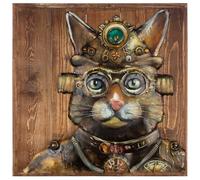 GILDE Quadro Steampunk Cat quadrato - legno e metallo - motivo gatto - marrone - altezza 50 cm x larghezza 50 cm