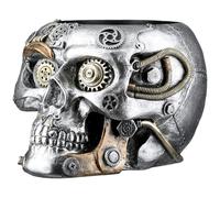 GILDE Steampunk Skull Planter - Portavaso in resina artificiale, altezza 14 cm x larghezza 18 cm, colore argento, finitura anticata, motivo ingranaggi, teschio