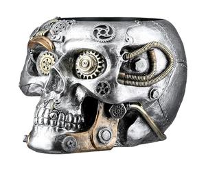 GILDE Steampunk Skull Planter - Portavaso in resina artificiale, altezza 14 cm x larghezza 18 cm, colore argento, finitura anticata, motivo ingranaggi, teschio