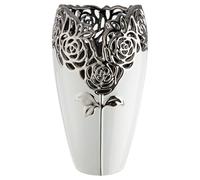 GILDE Vaso rosa - ceramica - altezza 32 cm x diametro 18 cm - bianco smaltato con motivo rose - vaso decorativo