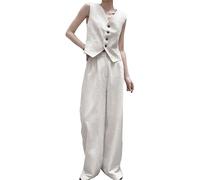 Gilet a due pezzi da donna, traspirante, alla moda da donna, abito da lavoro estivo, 2 pezzi, completo da donna con pantaloni con scollo a V, gilet a gamba larga, Misura media., White