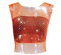 Gilet a rete da donna a maniche corte con strass, tessuto a rete elasticizzato, per eleganti abiti estivi e combinazioni versatili nella vita quotidiana o per occasioni speciali, Colore: arancione., L