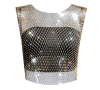 Gilet a rete da donna a maniche corte con strass, tessuto a rete elasticizzato, per eleganti abiti estivi e combinazioni versatili nella vita quotidiana o per occasioni speciali, gold, M
