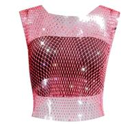 Gilet a rete da donna a maniche corte con strass, tessuto a rete elasticizzato, per eleganti abiti estivi e combinazioni versatili nella vita quotidiana o per occasioni speciali, rosa intenso, L