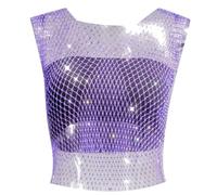 Gilet a rete da donna a maniche corte con strass, tessuto a rete elasticizzato, per eleganti abiti estivi e combinazioni versatili nella vita quotidiana o per occasioni speciali, Lilla, S