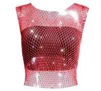 Gilet a rete da donna a maniche corte con strass, tessuto a rete elasticizzato, per eleganti abiti estivi e combinazioni versatili nella vita quotidiana o per occasioni speciali, Colore: rosso, L