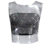 Gilet a rete da donna a maniche corte con strass, tessuto a rete elasticizzato, per eleganti abiti estivi e combinazioni versatili nella vita quotidiana o per occasioni speciali, argento, S