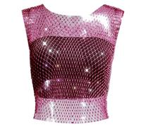 Gilet a rete da donna a maniche corte con strass, tessuto a rete elasticizzato, per eleganti abiti estivi e combinazioni versatili nella vita quotidiana o per occasioni speciali, Rosso anguria., XS