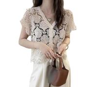 Gilet all'Uncinetto Boho Hippie da Donna, Traforato, Corto, all'Uncinetto, per Donna, Estivo, Camicetta A Maniche Corte, Maglioni Aperti in Maglia, Gilet con Bottoni, Albicocca, Floreale Cavo