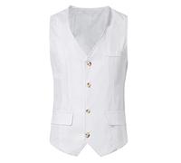 Gilet casual da uomo con bottoni, gilet con scollo a V, slim fit, giacca monopetto, gilet da uomo, casual, in lino, senza maniche, da lavoro, formale, casual, balzer, bianco, L