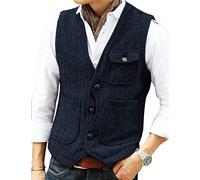 Gilet casual da uomo in morbida lana tweed con motivo a spina di pesce per Groomsman Best Man Blu marino L