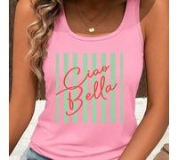 Gilet casual senza maniche da donna | Ciao Bella, stampa minimalista a righe verticali verde menta con scritta italiana. Adatto da indossare a strati o da solo. L,M,S,XL,XXLLetterePoliestere