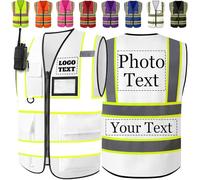 Gilet Catarifrangente Personalizzati Bicolore Ad Alta Visibilità Con Inserti Riflettenti, Gilet Ad Alta Visibilità Con Tasche e Cerniera, Personalizzabili Con Logo e Testo, Per Uomo e Donna-Bianco