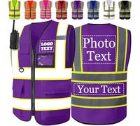 Gilet Catarifrangente Personalizzati Bicolore Ad Alta Visibilità Con Inserti Riflettenti, Gilet Ad Alta Visibilità Con Tasche e Cerniera, Personalizzabili Con Logo e Testo, Per Uomo e Donna-Viola