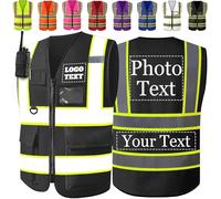 Gilet Catarifrangente Personalizzati Bicolore Ad Alta Visibilità Con Inserti Riflettenti, Gilet Ad Alta Visibilità Con Tasche e Cerniera, Personalizzabili Con Logo e Testo, Per Uomo e Donna-Nero