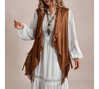 Gilet con collo a cascata in suedepregiato, con frange sul fondo, adatto per l'inverno, in taglie comode 0XL,1XL,2XL,3XL,4XL,5XLColore unicoMorbido