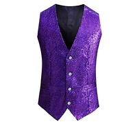 Gilet con glitter da uomo, Xxxl, con paillette, in argento, per l'estate, a spina di pesce, scollo a V, per il tempo libero, per feste, costume tradizionale bavarese con bottoni, Lilla, XL