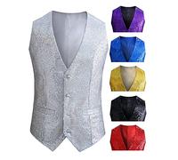 Gilet con paillette, da uomo, in argento, con brillantini, da uomo, taglie grandi, con scollo a V, per carnevale, club, abbigliamento da festa, Colore: rosso, m