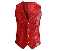 Gilet con paillettes da uomo, slim fit, leggero, invernale, senza maniche, per attività all'aperto, sportivo, leggero, con brillantini, con scollo a V, per feste, clubwear, Colore: rosso, M