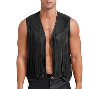 Gilet da cowboy da uomo, stile gotico, steampunk, in finta pelle scamosciata, con nappe sul davanti, stile retrò, costume hippie, Nero , M
