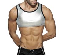 Gilet da discoteca esclusivo maschile con paillettes in rilievo a caldo come top senza maniche ultra corto e affascinante per esibizioni seducenti, argento, M