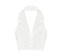 Gilet da donna a righe, elegante gilet OL collo all'americana da ufficio e da donna gilet crop top business abbigliamento formale, bianco, S