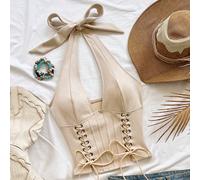 Gilet da donna beige chiaro con scollo a V e lacci, stile deconstituito, top estivo country western per serate, vacanze, stile bohémien, festival musicali, spiaggia e crociere L,M,S,XL,XS,XXSColore un