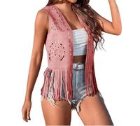 Gilet da donna Boho Western con nappa, aperto sul davanti, in finta pelle scamosciata, con frange, cardigan senza maniche, stile hippie vintage, rosa, L