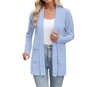 Gilet da donna cardigan chic ed elegante, estivo leggero e fluido, maniche lunghe, giacca casual aperta sul davanti e scollo a V, cardigan con tasche, tinta unita, cardigan lungo da donna, azzurro