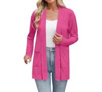 Gilet da donna cardigan chic ed elegante, estivo leggero e fluido, maniche lunghe, giacca casual aperta sul davanti e scollo a V, cardigan con tasche, tinta unita, cardigan lungo da donna, rosa caldo