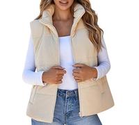 Gilet da donna con cappuccio, con cerniera, trapuntato, senza maniche, con cappuccio, comodo bavero, giacca in peluche, caldo, invernale, casual, da donna, gilet invernale con tasche, Beige, M