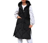 Gilet da donna con cappuccio, invernale, con chiusura lampo, senza maniche, alla moda, casual, in cotone, tinta unita, con cappuccio, lunghezza al ginocchio, per le mezze stagioni, per l'autunno, Nero