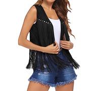 Gilet da donna con frange gilet anni '70 hippie costume senza maniche cowgirl western finta pelle scamosciata nappa capispalla cardigan streetwear, a nero, L