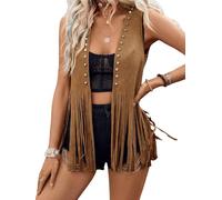 Gilet da donna con nappa, stile hippie, senza maniche, con rivetti, in finta pelle scamosciata, con frange occidentali, aperto sul davanti, cardigan, A-marrone scuro, XXL