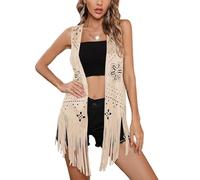 Gilet da donna con nappa, stile hippie, stile hippie, senza maniche, con frange, aperto sul davanti, in finta pelle scamosciata, stile western, hippie, cardigan lungo, B-Lvory, M