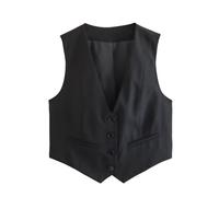 Gilet da donna con scollo a V e bottoni, moda estiva, elegante, chic, senza maniche, monopetto, gilet casual femminile, top marrone chiaro, giacca autunnale per le donne, Nero , L