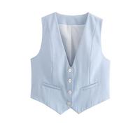 Gilet da donna con scollo a V e bottoni, moda estiva, elegante, chic, senza maniche, monopetto, gilet casual femminile, top marrone chiaro, giacca autunnale per le donne, Azzurro, L