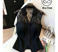 Gilet da donna elegante con scollo a V e pizzo a contrasto, top da donna raffinato e sofisticato, top formale da lavoro semplice e dignitoso, nuovo stile, top da donna in pizzo di , nuovo top da donna