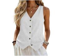 Gilet da Donna Elegante in Lino Cotone Colori Solidi Gilet Smanicato con Scollo a V e Bottoni Top Estivo Casual per Ufficio e Vacanza Top per Festival e Spiaggia Tagile XL
