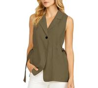 Gilet da donna in cotone e lino, senza maniche, con risvolto frontale e risvolto, senza maniche, blazer estivo, giacca primaverile, Marrone, M plus