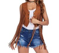 Gilet da donna in finta pelle scamosciata, da cowboy, senza maniche, in ecopelle, bolero blazer, per attività all'aperto, cardigan, con frange, senza maniche, nappa, lunghezza media