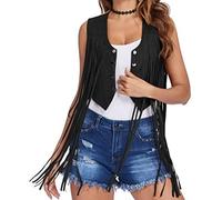 Gilet da donna in finta pelle scamosciata, da cowboy, senza maniche, in ecopelle, bolero blazer, per attività all'aperto, cardigan, con frange, senza maniche, nappa, lunghezza media
