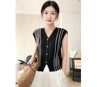 Gilet da donna in maglia, senza maniche, a blocchi di colore, con scollo a V, elasticizzato medio, per l'estate, per tempo libero, vacanze, spiaggia e attività yoga (taglia unica, nero)