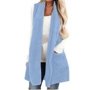 Gilet da donna in pile senza maniche casual con tasche accogliente scialle finto morbido cardigan giacca doppio petto gilet in pelle, Blu, M