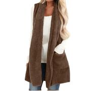 Gilet da donna in pile senza maniche casual con tasche accogliente scialle finto morbido cardigan giacca doppio petto gilet in pelle, Caff, XL