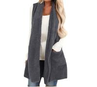 Gilet da donna in pile senza maniche casual con tasche accogliente scialle finto morbido cardigan giacca doppio petto gilet in pelle, Grigio, S