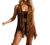 Gilet da donna in stile western, con frange e nappe, senza maniche, in pelle scamosciata, anni '70, hip-pie, cow-girl, aperto sul davanti, per festival del Regno Unito e capispalla stile Y2-K