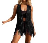 Gilet da donna in stile western, con frange e nappe, senza maniche, in pelle scamosciata, anni '70, hip-pie, cow-girl, aperto sul davanti, per festival del Regno Unito e capispalla stile Y2-K